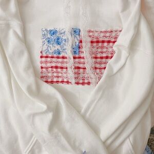 patchwork american flag hoodie women’s  M lace drawstrings & embroidered sleeve